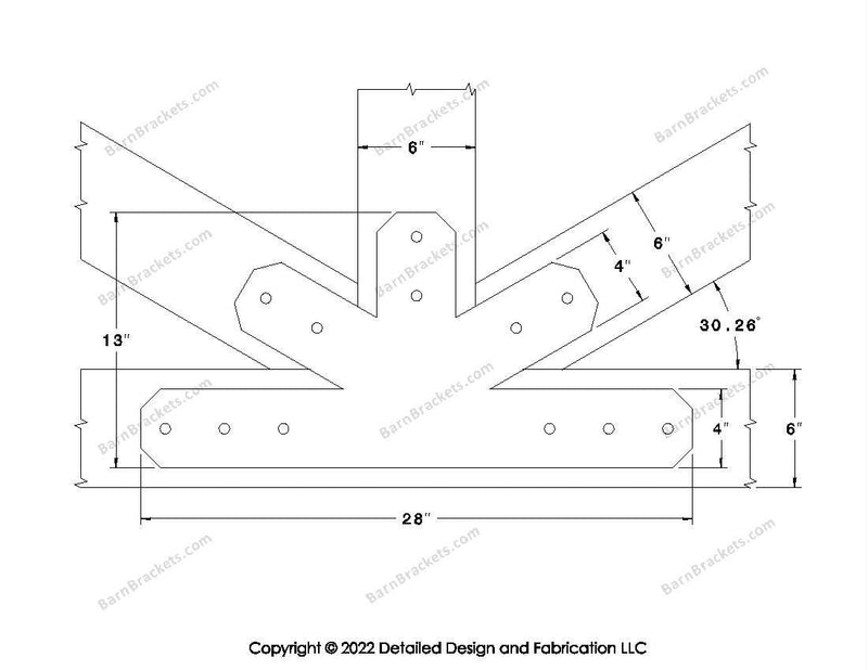 Fan Brackets for 6 inch beams - 4 inch Wide centered joint - Chamfered - Centered style holes - BarnBrackets.com