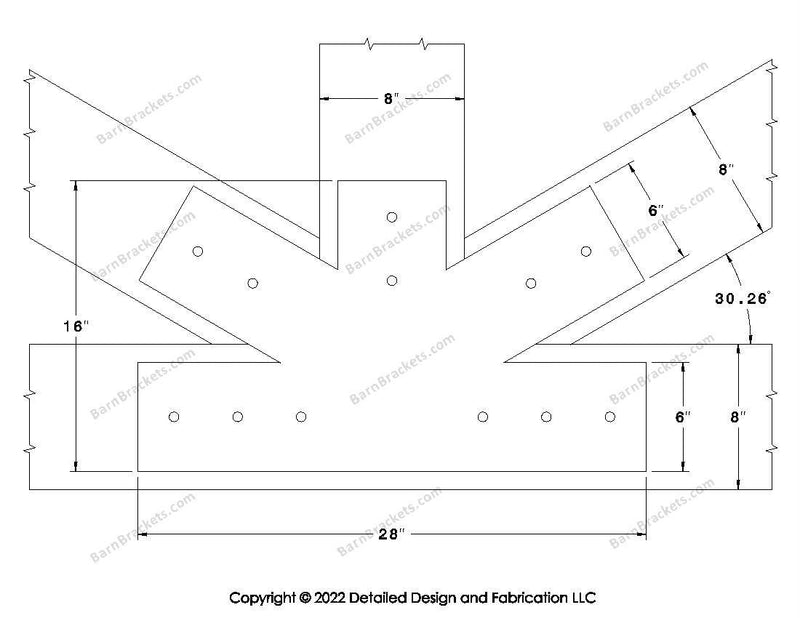 Fan Brackets for 8 inch beams - 6 inch Regular centered joint - Square - Centered style holes - BarnBrackets.com