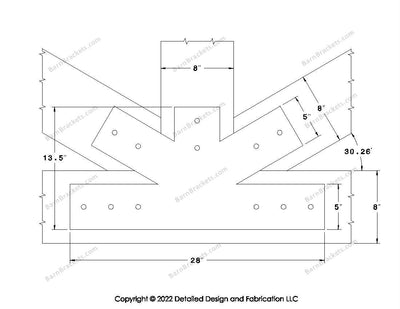 Fan Brackets for 8 inch beams - 5 inch Wide centered joint - Square - Centered style holes - BarnBrackets.com