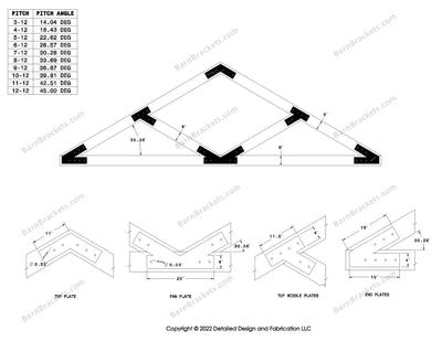 4 inch V style timber truss bracket set  for a 7-12 pitch roof with square corners.