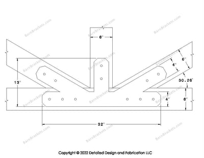 Fan Brackets for 6 inch beams - 4 inch Regular offset bottom joint - Chamfered - Centered style holes - BarnBrackets.com