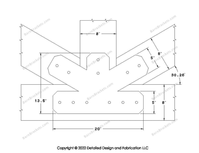 Fan Brackets for 8 inch beams - 5 inch Regular centered joint - Chamfered - Centered style holes - BarnBrackets.com