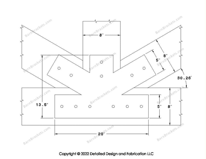 Fan Brackets for 8 inch beams - 5 inch Regular centered joint - Square - Centered style holes - BarnBrackets.com