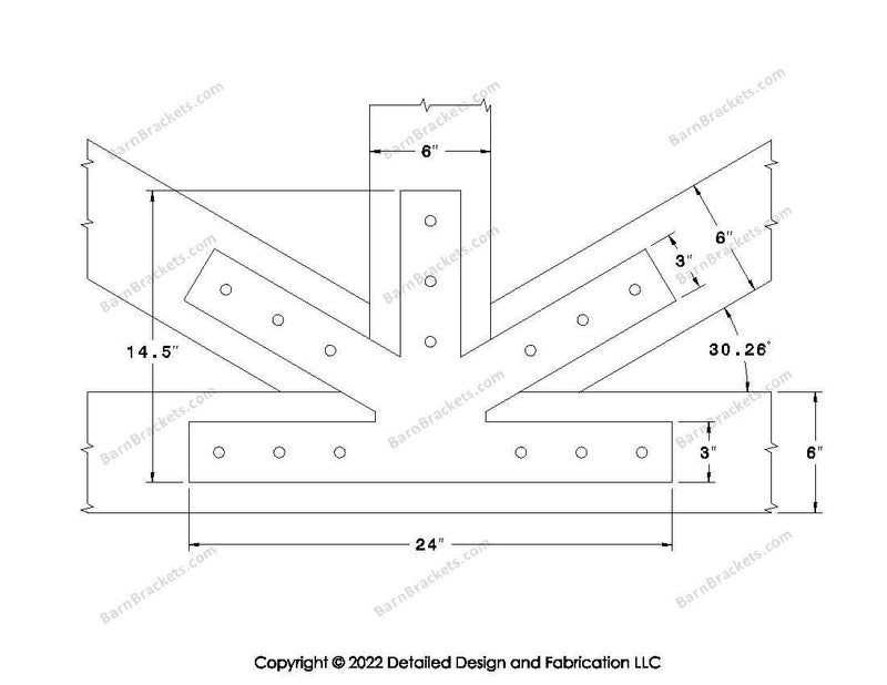 Fan Brackets for 6 inch beams - 3 inch Large centered joint - Square - Centered style holes - BarnBrackets.com