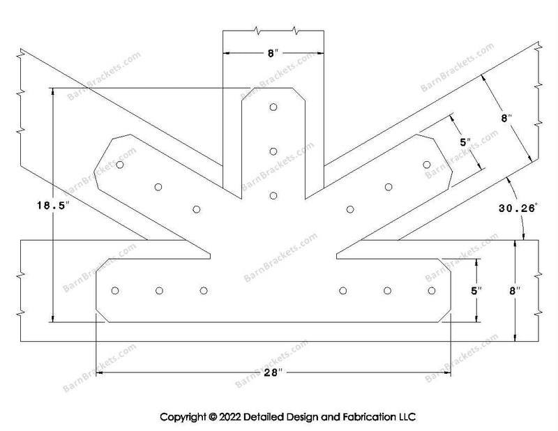 Fan Brackets for 8 inch beams - 5 inch Large centered joint - Chamfered - Centered style holes - BarnBrackets.com