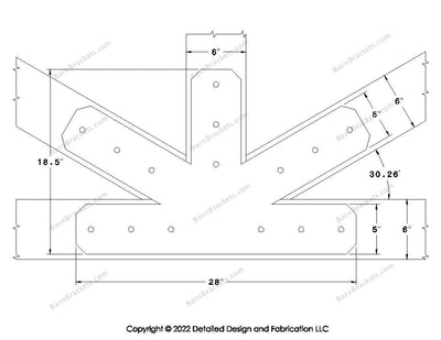 Fan Brackets for 6 inch beams - 5 inch Large centered joint - Chamfered - Centered style holes - BarnBrackets.com