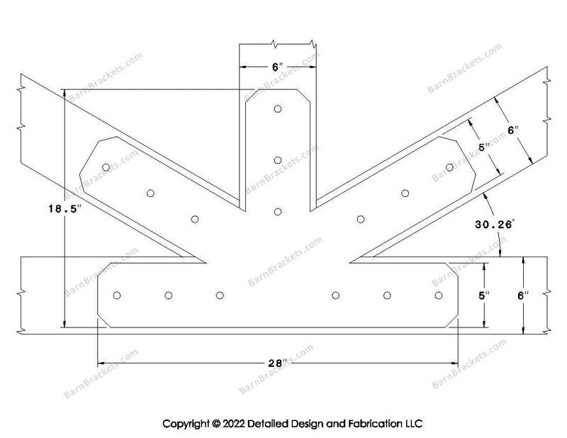 Fan Brackets for 6 inch beams - 5 inch Large centered joint - Chamfered - Centered style holes - BarnBrackets.com