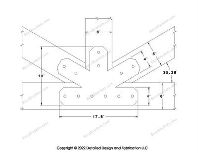 Fan Brackets for 6 inch beams - 4 inch Regular centered joint - Chamfered - Centered style holes - BarnBrackets.com