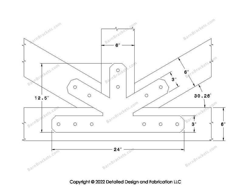 Fan Brackets for 6 inch beams - 3 inch Wide centered joint - Chamfered - Centered style holes - BarnBrackets.com