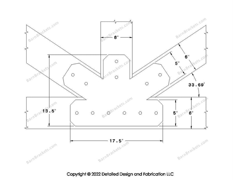 Fan Brackets for 6 inch beams - 5 inch Regular centered joint - Chamfered - Centered style holes - BarnBrackets.com