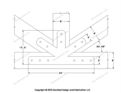 Fan Brackets for 6 inch beams - 3 inch Wide centered joint - Chamfered - Centered style holes - BarnBrackets.com