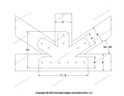 Fan Brackets for 6 inch beams - 4 inch Regular centered joint - Chamfered - Centered style holes - BarnBrackets.com