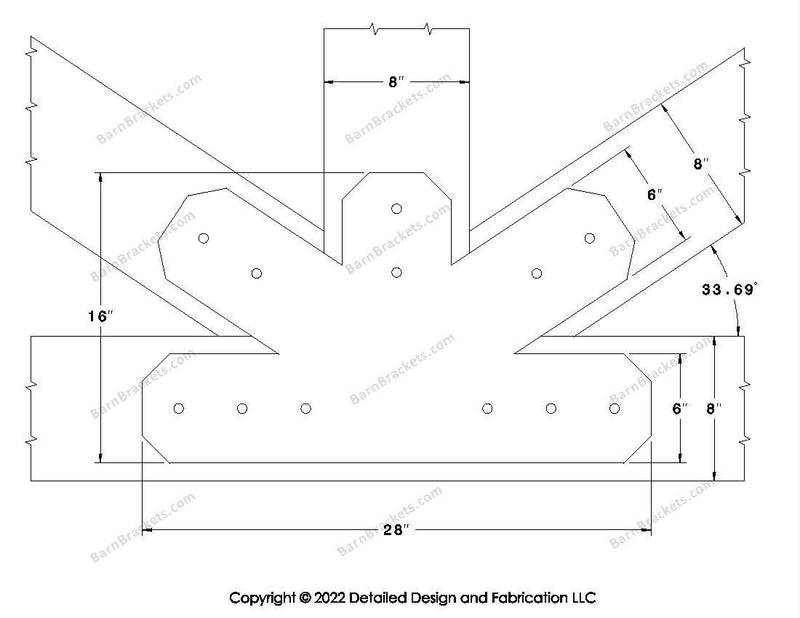 Fan Brackets for 8 inch beams - 6 inch Regular centered joint - Chamfered - Centered style holes - BarnBrackets.com