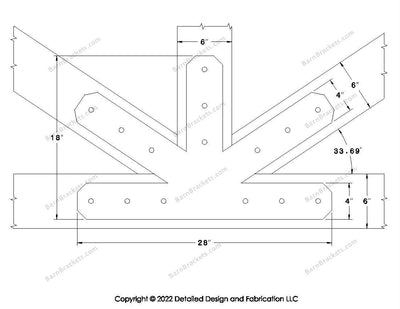 Fan Brackets for 6 inch beams - 4 inch Large centered joint - Chamfered - Centered style holes - BarnBrackets.com