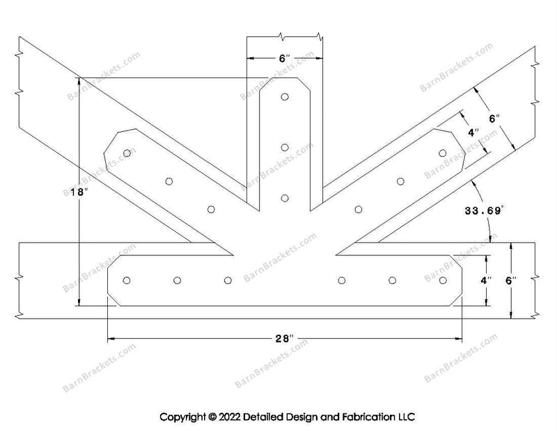 Fan Brackets for 6 inch beams - 4 inch Large centered joint - Chamfered - Centered style holes - BarnBrackets.com