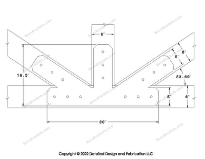 Fan Brackets for 6 inch beams - 5 inch Large offset bottom joint - Chamfered - Centered style holes - BarnBrackets.com