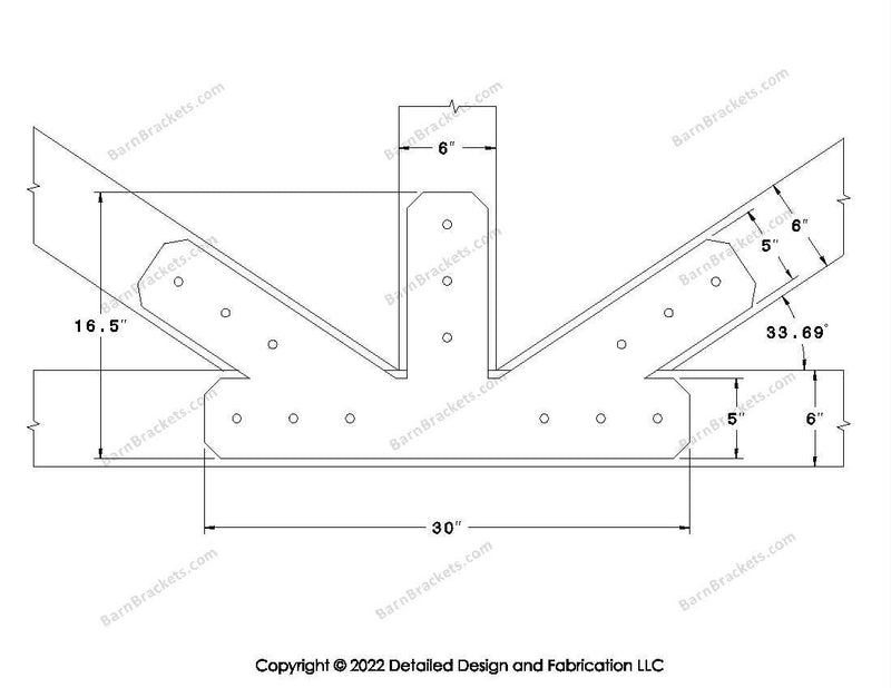 Fan Brackets for 6 inch beams - 5 inch Large offset bottom joint - Chamfered - Centered style holes - BarnBrackets.com