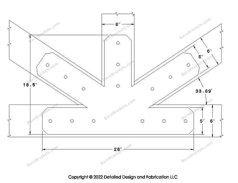 Fan Brackets for 6 inch beams - 5 inch Large centered joint - Chamfered - Centered style holes - BarnBrackets.com