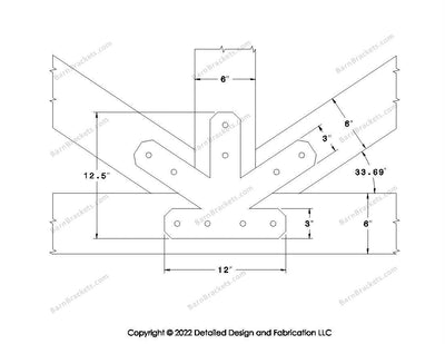 Fan Brackets for 6 inch beams - 3 inch Regular centered joint - Chamfered - Centered style holes - BarnBrackets.com