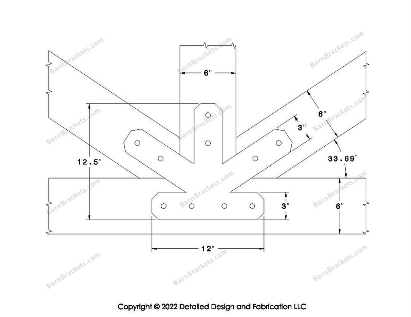 Fan Brackets for 6 inch beams - 3 inch Regular centered joint - Chamfered - Centered style holes - BarnBrackets.com