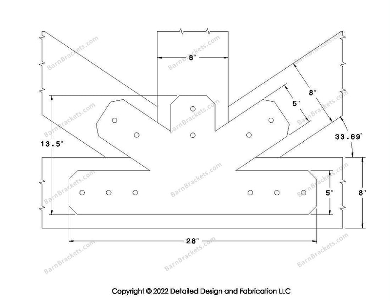 Fan Brackets for 8 inch beams - 5 inch Wide centered joint - Chamfered - Centered style holes - BarnBrackets.com