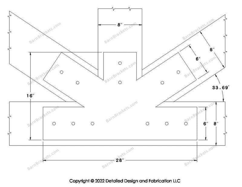 Fan Brackets for 8 inch beams - 6 inch Regular centered joint - Square - Centered style holes - BarnBrackets.com