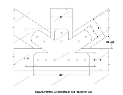 Fan Brackets for 8 inch beams - 5 inch Regular centered joint - Chamfered - Centered style holes - BarnBrackets.com