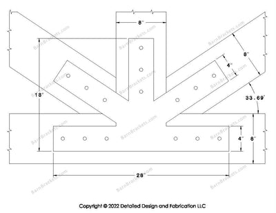 Fan Brackets for 8 inch beams - 4 inch Large centered joint - Square - Centered style holes - BarnBrackets.com