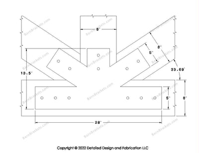 Fan Brackets for 8 inch beams - 5 inch Wide centered joint - Square - Centered style holes - BarnBrackets.com