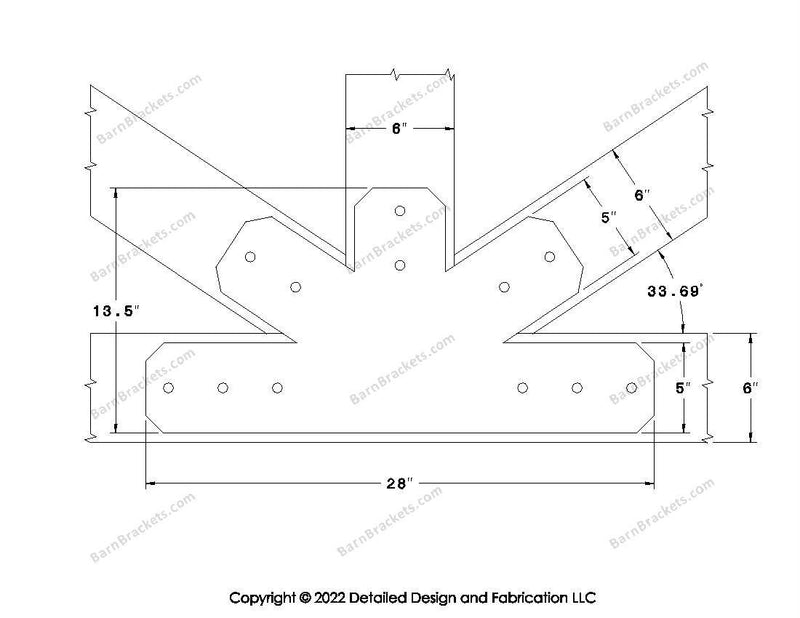 Fan Brackets for 6 inch beams - 5 inch Wide centered joint - Chamfered - Centered style holes - BarnBrackets.com