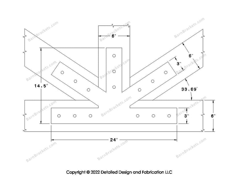 Fan Brackets for 6 inch beams - 3 inch Large centered joint - Square - Centered style holes - BarnBrackets.com