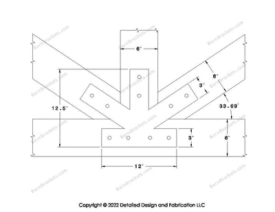 Fan Brackets for 6 inch beams - 3 inch Regular centered joint - Square - Centered style holes - BarnBrackets.com