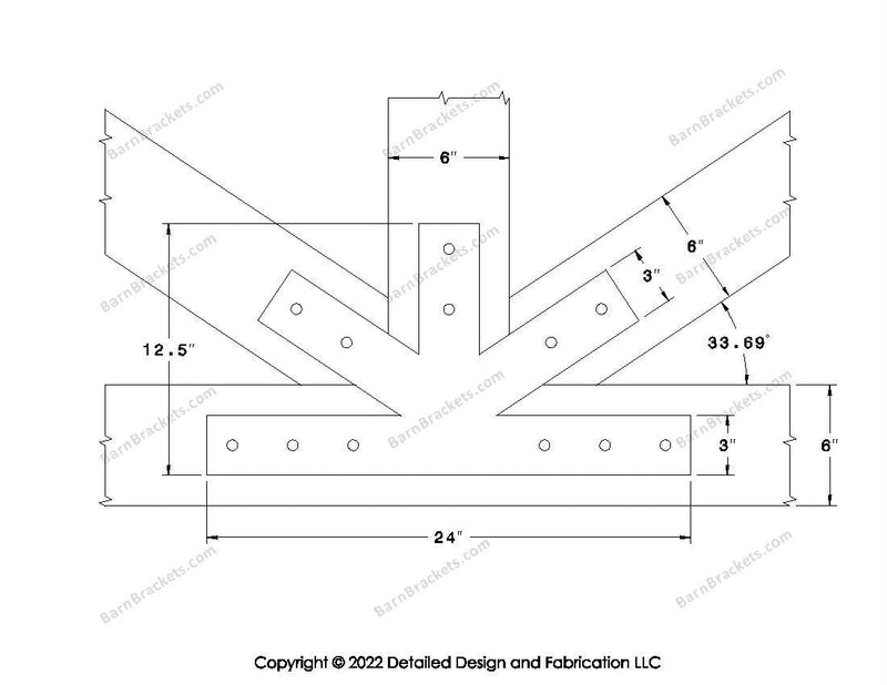 Fan Brackets for 6 inch beams - 3 inch Wide Centered joint - Square - Centered style holes - BarnBrackets.com