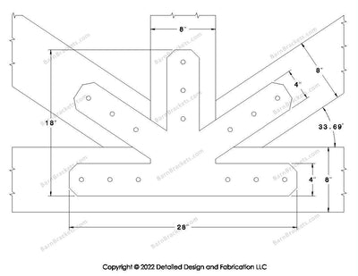 Fan Brackets for 8 inch beams - 4 inch Large centered joint - Chamfered - Centered style holes - BarnBrackets.com