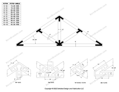 Steel post and beam truss bracket set for a 8/12 pitch roof.