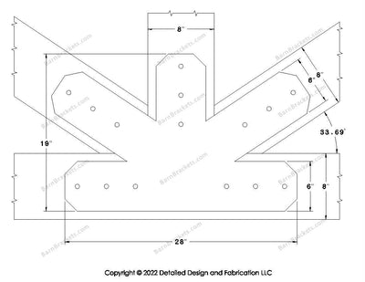 Fan Brackets for 8 inch beams - 6 inch Large centered joint - Chamfered - Centered style holes - BarnBrackets.com