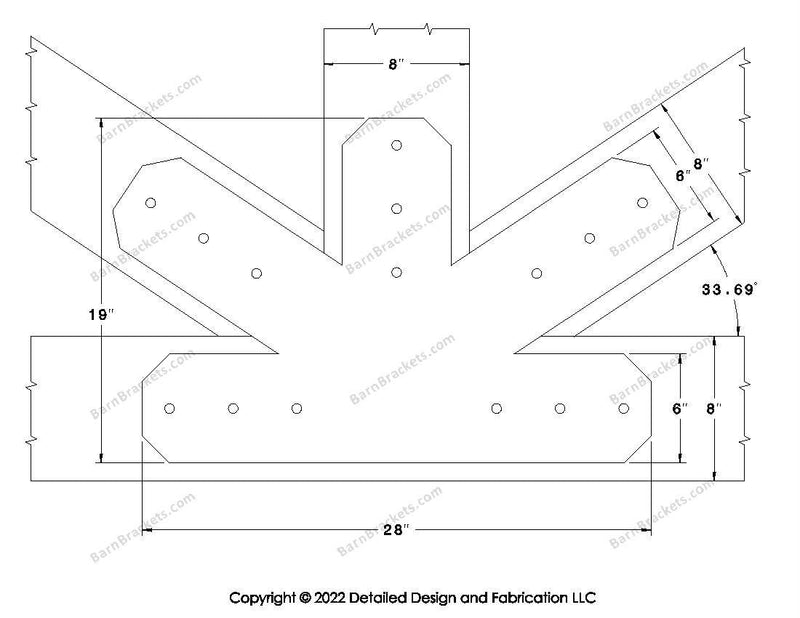 Fan Brackets for 8 inch beams - 6 inch Large centered joint - Chamfered - Centered style holes - BarnBrackets.com