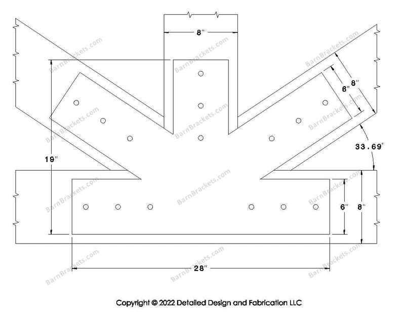 Fan Brackets for 8 inch beams - 6 inch Large centered joint - Square - Centered style holes - BarnBrackets.com