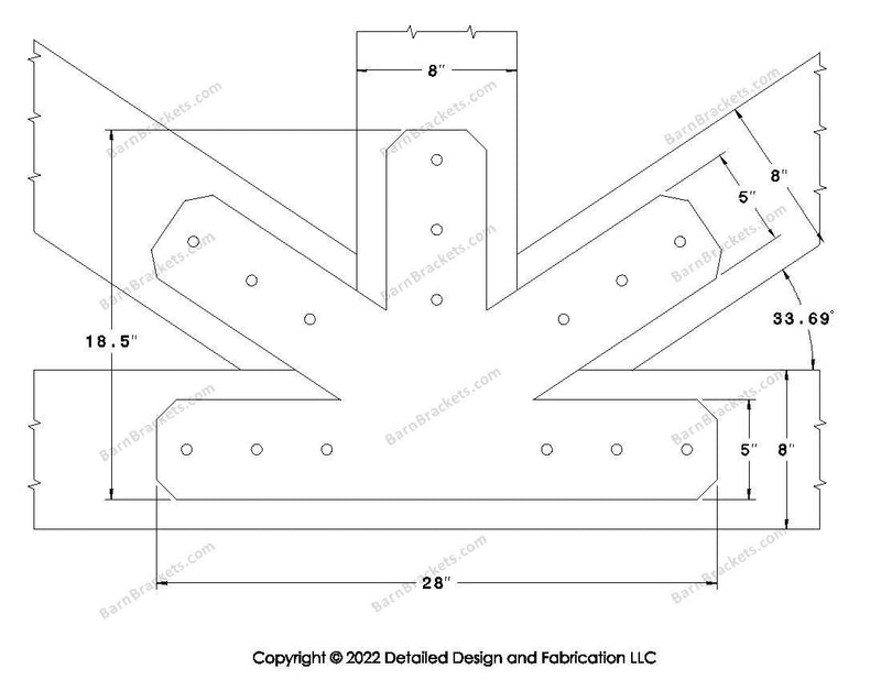 Fan Brackets for 8 inch beams - 5 inch Large centered joint - Chamfered - Centered style holes - BarnBrackets.com