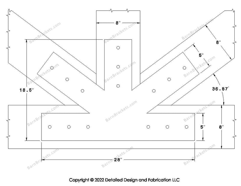 Fan Brackets for 8 inch beams - 5 inch Large centered joint - Square - Centered style holes - BarnBrackets.com