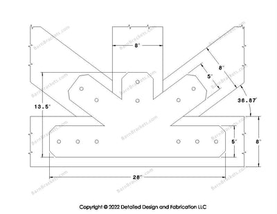 Fan Brackets for 8 inch beams - 5 inch Wide centered joint - Chamfered - Centered style holes - BarnBrackets.com