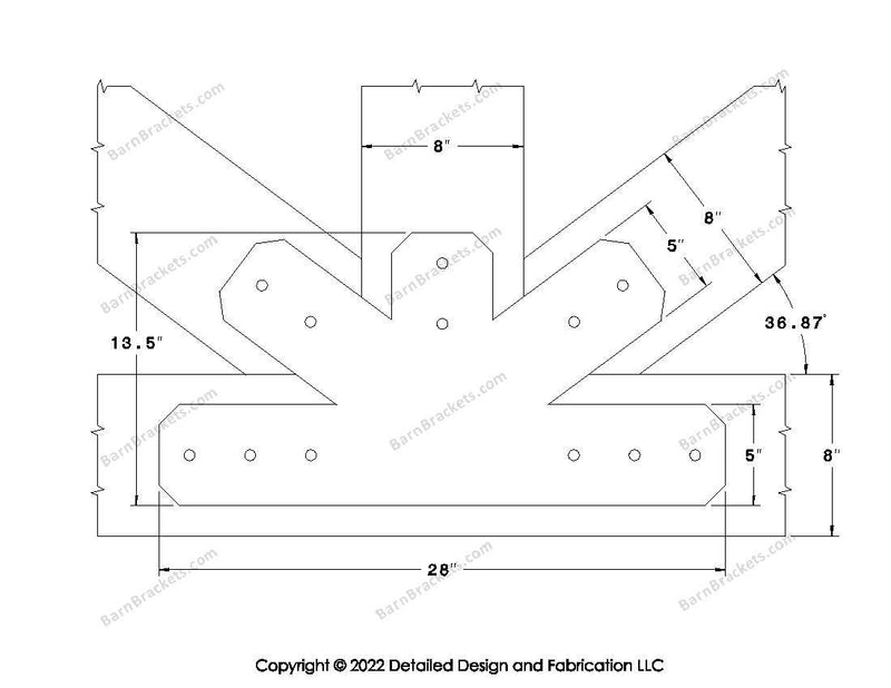 Fan Brackets for 8 inch beams - 5 inch Wide centered joint - Chamfered - Centered style holes - BarnBrackets.com