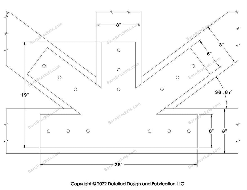 Fan Brackets for 8 inch beams - 6 inch Large centered joint - Square - Centered style holes - BarnBrackets.com