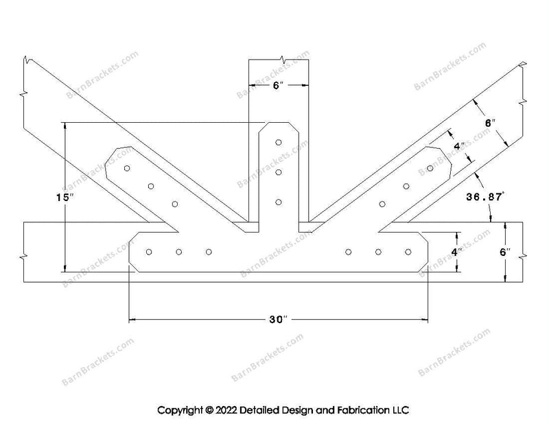 Fan Brackets for 6 inch beams - 4 inch Large offset bottom joint - Chamfered - Centered style holes - BarnBrackets.com