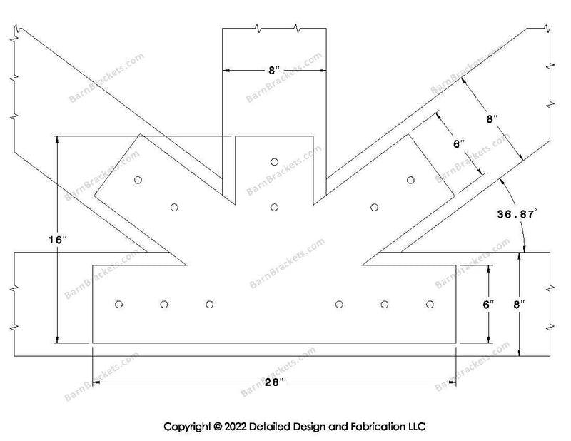 Fan Brackets for 8 inch beams - 6 inch Regular centered joint - Square - Centered style holes - BarnBrackets.com