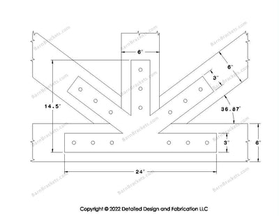 Fan Brackets for 6 inch beams - 3 inch Large centered joint - Square - Centered style holes - BarnBrackets.com