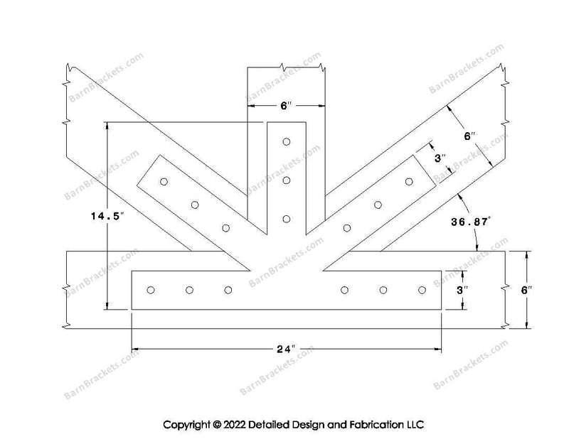 Fan Brackets for 6 inch beams - 3 inch Large centered joint - Square - Centered style holes - BarnBrackets.com