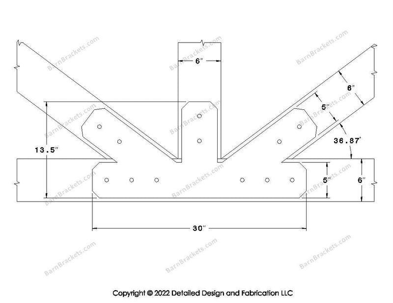 Fan Brackets for 6 inch beams - 5 inch Regular offset bottom joint - Chamfered - Centered style holes - BarnBrackets.com