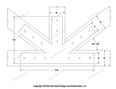 Fan Brackets for 6 inch beams - 4 inch Large centered joint - Square - Centered style holes - BarnBrackets.com