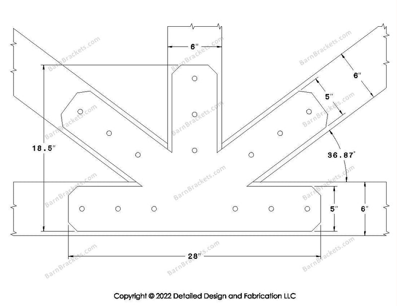 Fan Brackets for 6 inch beams - 5 inch Large centered joint - Chamfered - Centered style holes - BarnBrackets.com